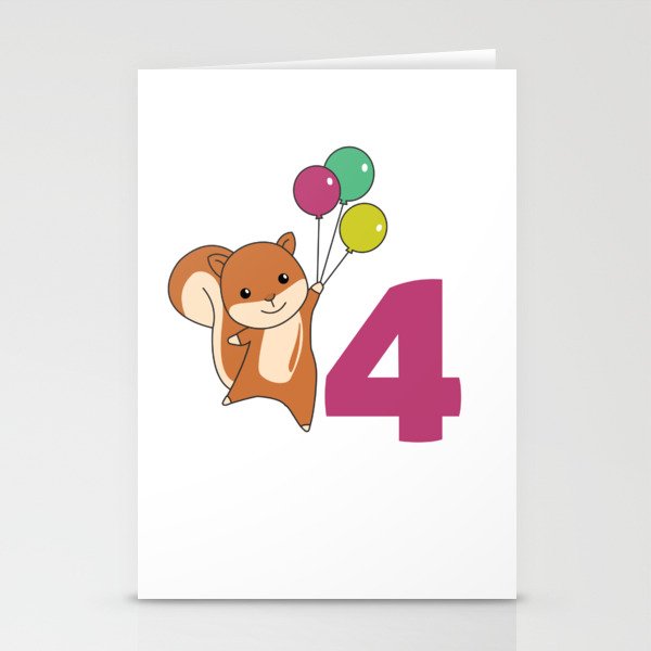 Squirrel Fourth Birthday Balloons Kids Stationery Cards