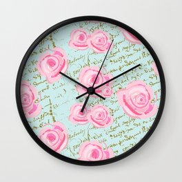 Pink  Roes and French Script Wall Clock