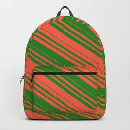 [ Thumbnail: Red and Forest Green Colored Striped Pattern Backpack ]
