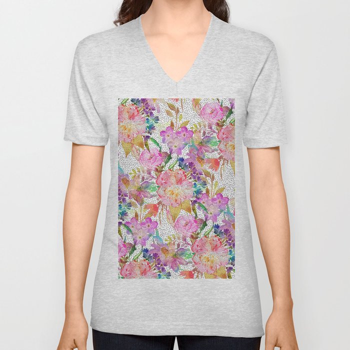 Elegant watercolor floral and dotted brush strokes V Neck T Shirt