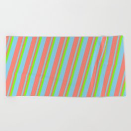 [ Thumbnail: Green, Sky Blue & Salmon Colored Pattern of Stripes Beach Towel ]