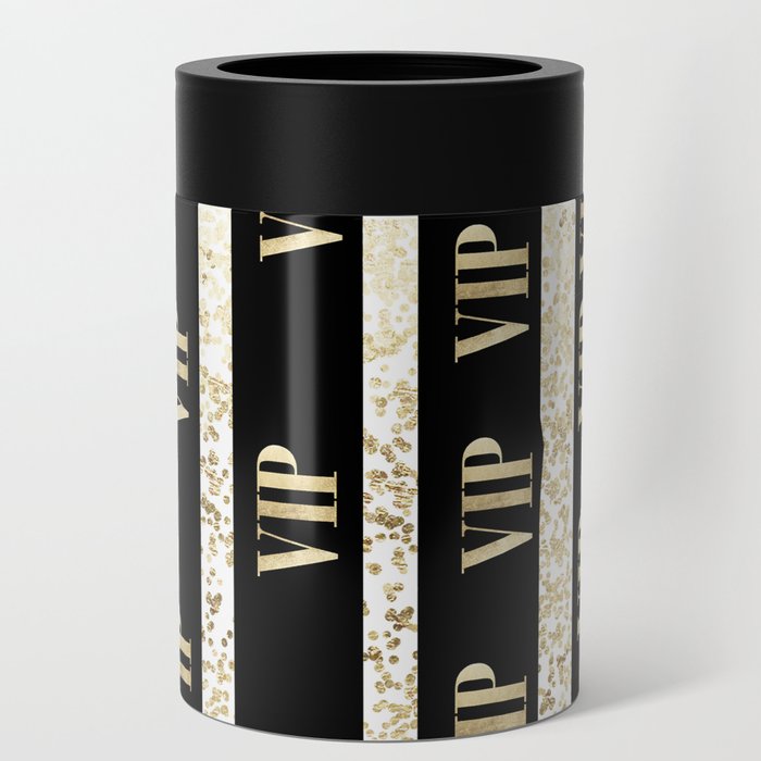 Elegant black gold VIP typography confetti stripes Can Cooler