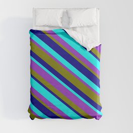 [ Thumbnail: Aqua, Dark Orchid, Green, and Dark Blue Colored Stripes/Lines Pattern Duvet Cover ]