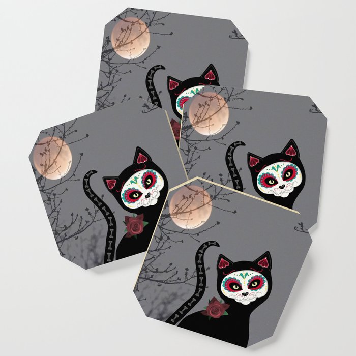 Sugar Skull Black Cat Coaster