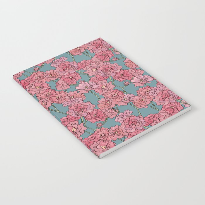 Pattern with pink damask roses on turquoise background Notebook