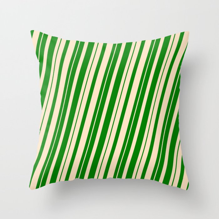Green & Bisque Colored Striped Pattern Throw Pillow