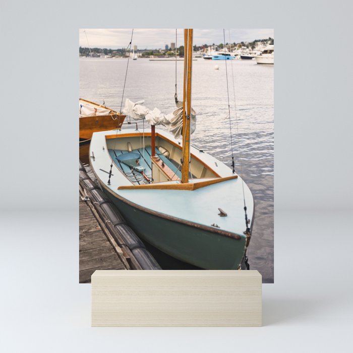 Wooden Boat Sailboat Sailing Sailor Nautical Lake Seattle Harbor Marina Recreation Outdoors Sunset Mini Art Print