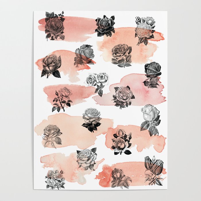 Watercolor Vintage Roses Pattern Poster