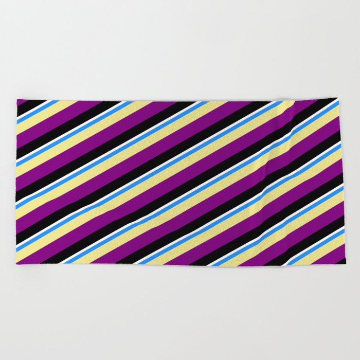 Vibrant Blue, Tan, Purple, Black, and White Colored Pattern of Stripes Beach Towel