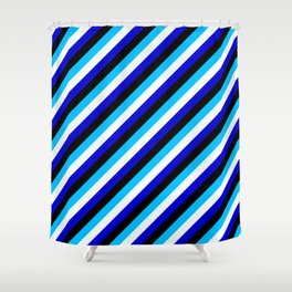 [ Thumbnail: Deep Sky Blue, Mint Cream, Blue & Black Colored Stripes Pattern Shower Curtain ]