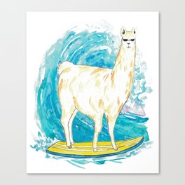 Llama surfing watercolor painting Canvas Print