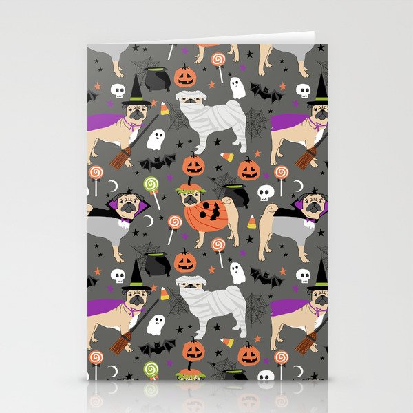 Pug halloween costumes mummy witch vampire pug dog breed pattern by pet friendly Stationery Cards