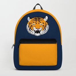 Happy Tiger (Navy and Marigold) Backpack | Big Cat, Tiger, Illucalliart, Positive, Striped, Feline, Good Mood, Navy, Funny, Portrait 