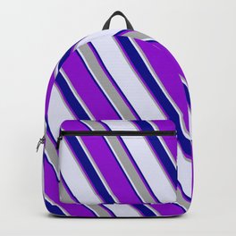 [ Thumbnail: Lavender, Dark Blue, Dark Violet, and Dark Grey Colored Lined Pattern Backpack ]