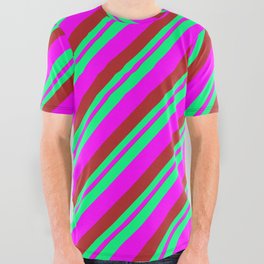 [ Thumbnail: Green, Fuchsia & Red Colored Striped Pattern All Over Graphic Tee ]