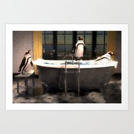 Penguins playing in the bathtub Art Print
