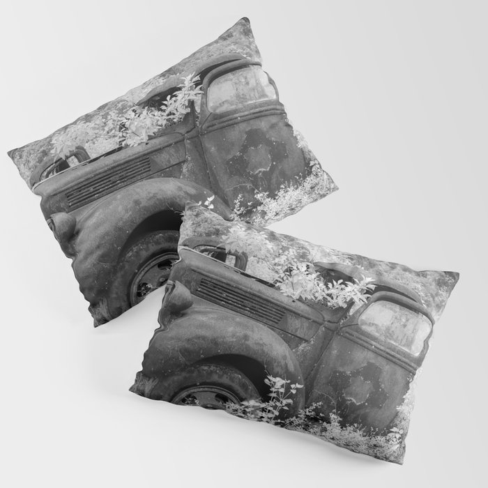 Rusting Pickup with Tree Grown in Cab Black and White Infrared Pillow Sham