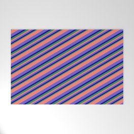 [ Thumbnail: Salmon, Slate Blue, Dark Blue & Sea Green Colored Pattern of Stripes Welcome Mat ]
