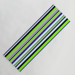 [ Thumbnail: Vibrant Chartreuse, Grey, Midnight Blue, Light Cyan & Black Colored Lined/Striped Pattern Yoga Mat ]
