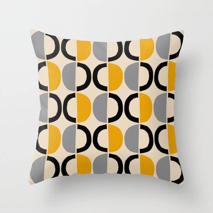 Mid Century Modern Half Circle Pattern 547 Beige Black Gray and Yellow Throw Pillow