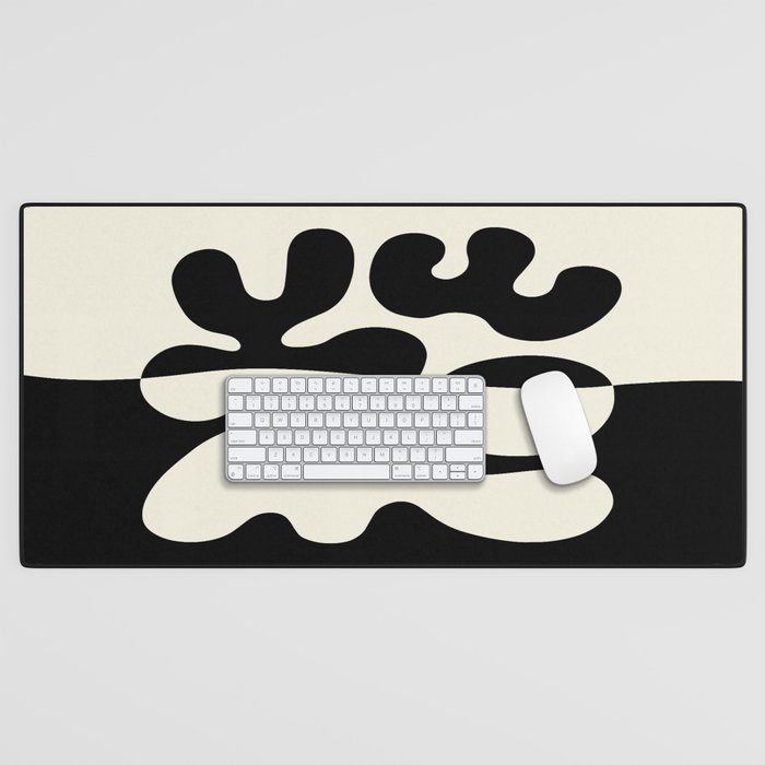 Mid Century Modern Organic Abstraction 235 Black and Ivory White Desk Mat