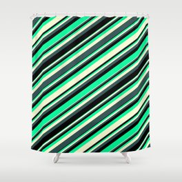 [ Thumbnail: Green, Light Yellow, Dark Slate Gray & Black Colored Lined/Striped Pattern Shower Curtain ]