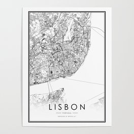 Lisbon City Map Portugal White and Black Poster