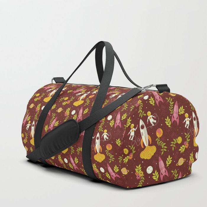 Astronauts in Space with Florals - Maroon Duffle Bag