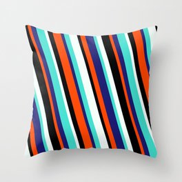 [ Thumbnail: Vibrant Mint Cream, Turquoise, Midnight Blue, Red & Black Colored Lines/Stripes Pattern Throw Pillow ]