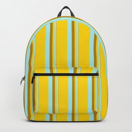 [ Thumbnail: Dark Goldenrod, Turquoise & Yellow Colored Striped/Lined Pattern Backpack ]