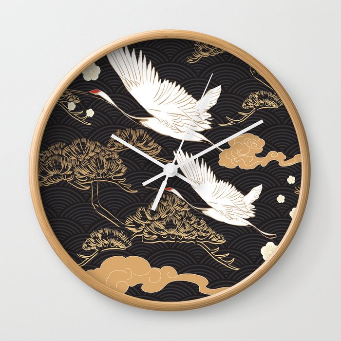 Japanese seamless pattern with crane birds and bonsai trees Wall Clock