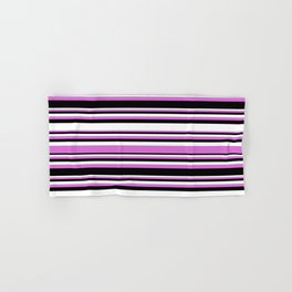 [ Thumbnail: Orchid, Black, and White Colored Striped/Lined Pattern Hand & Bath Towel ]