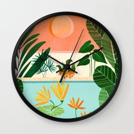 Shangri La Sunset Exotic Landscape Illustration Wall Clock | Contemporary, Exotic, Illustration, Pond, Garden, Scene, Painting, Whimsical, Jungle, Curated 