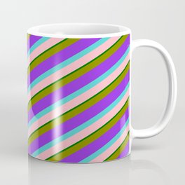 [ Thumbnail: Colorful Green, Purple, Turquoise, Light Pink, and Dark Green Colored Lined/Striped Pattern Coffee Mug ]