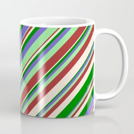 [ Thumbnail: Slate Blue, Light Green, Brown, Beige & Green Colored Pattern of Stripes Coffee Mug ]