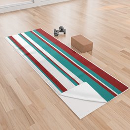 [ Thumbnail: Dark Red, Dark Cyan, and White Colored Striped Pattern Yoga Towel ]