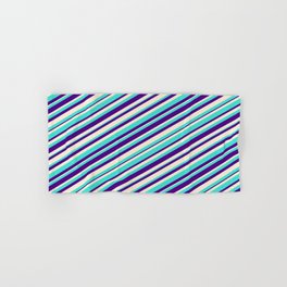 [ Thumbnail: Turquoise, Indigo, and Beige Colored Lines/Stripes Pattern Hand & Bath Towel ]