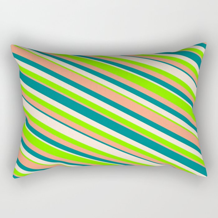Beige, Chartreuse, Light Salmon, and Teal Colored Lines Pattern Rectangular Pillow