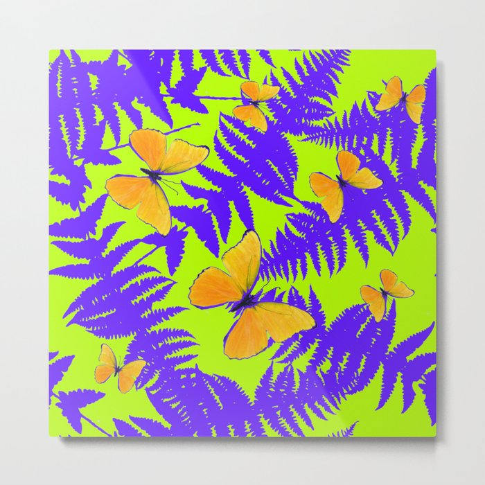 Golden Butterflies Purple Fern Fronds Chartreuse Color Art Metal Print