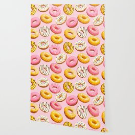 Doughnuts Pink Yellow Modern Confectionery Decor Wallpaper