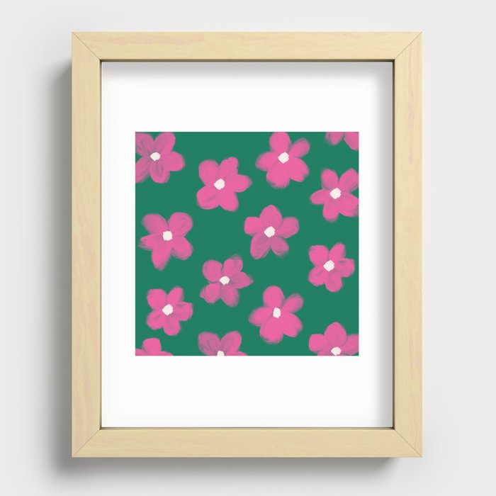 70s 60s Bold Pink Flowers on Green Recessed Framed Print