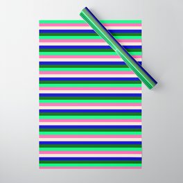[ Thumbnail: Dark Green, Green, Hot Pink, Beige, and Blue Colored Pattern of Stripes Wrapping Paper ]