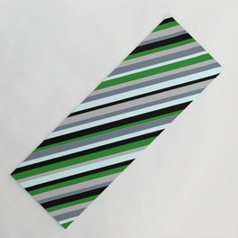 [ Thumbnail: Eye-catching Forest Green, Grey, Slate Gray, Light Cyan & Black Colored Lined/Striped Pattern Yoga Mat ]