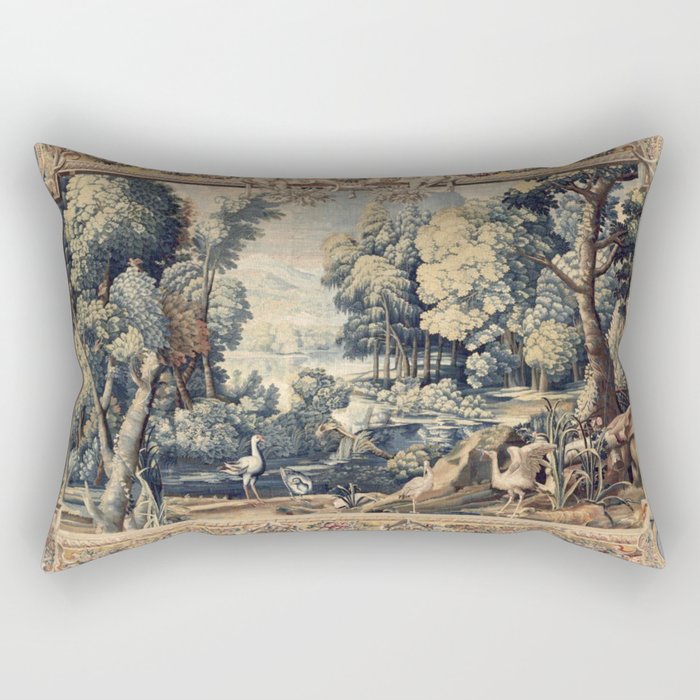 Antique 17th Century Verdure Bird Forest French Tapestry Rectangular Pillow