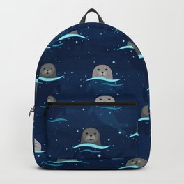 Seals in Glowing Sea Backpack | Cuteseal, Cute, Glowing, Babyseal, Seal, Digital, Navy, Northern, Kids, Bioluminescence 
