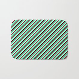 [ Thumbnail: Red, Aquamarine, Green, White, and Black Colored Stripes Pattern Bath Mat ]