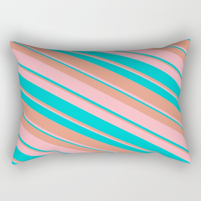 Dark Salmon, Light Pink & Dark Turquoise Colored Stripes Pattern Rectangular Pillow