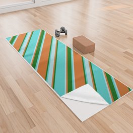 [ Thumbnail: Turquoise, Dark Green, Chocolate & Powder Blue Colored Lines Pattern Yoga Towel ]