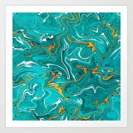 Teal and orange marble texture, turquoise abstract fluid art Art Print