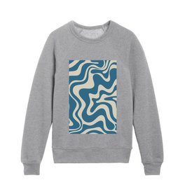 Retro Liquid Swirl Abstract Pattern in Beige and Boho Blue Kids Crewneck